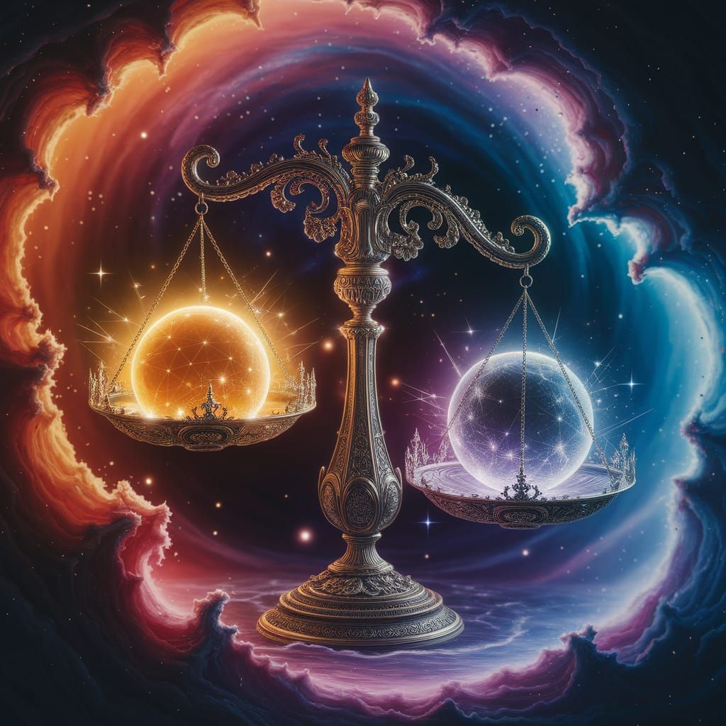 An awe-inspiring cosmic scene: a grand pair of ornate, stylized scales floating in the vast emptiness of space, their frame made of intricat...
