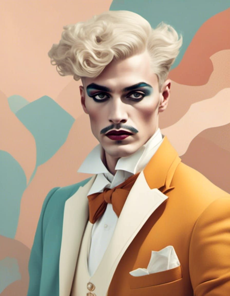A poster for a handsome French drag king in subtle colors in...