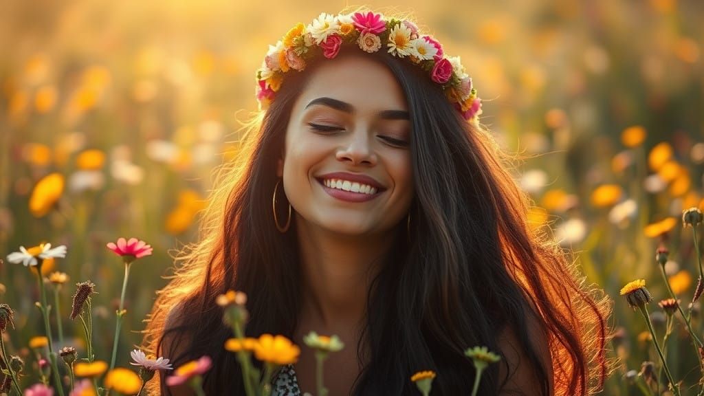 Ethereal Hippie Goddess in Field of Wildflowers