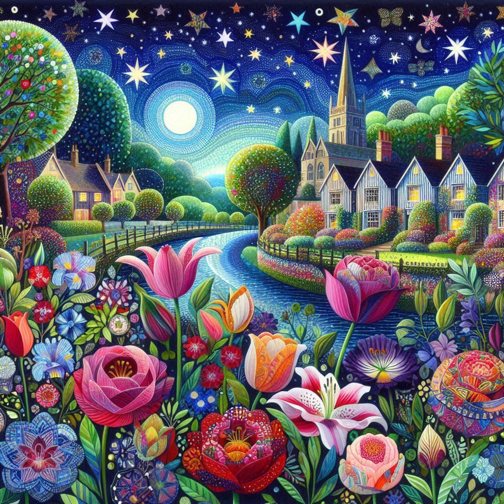 <lora:PR Quilted SDXL:1.0> A field of purple wildflowers under a full moon.