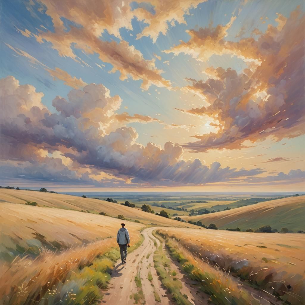 Impressionist Landscape with Figure Walking to Horizon