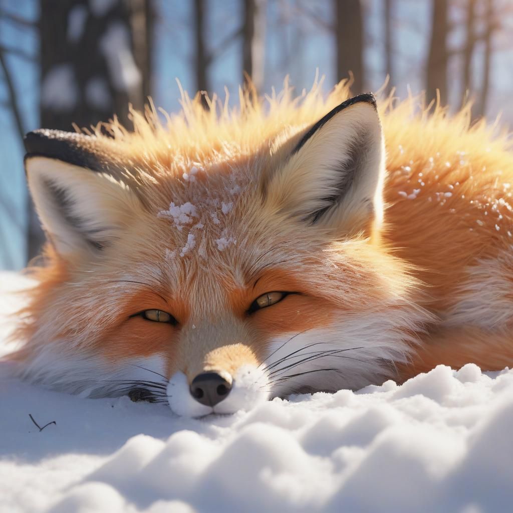 Fox Sleeping in Winter Forest: Soft Digital Art