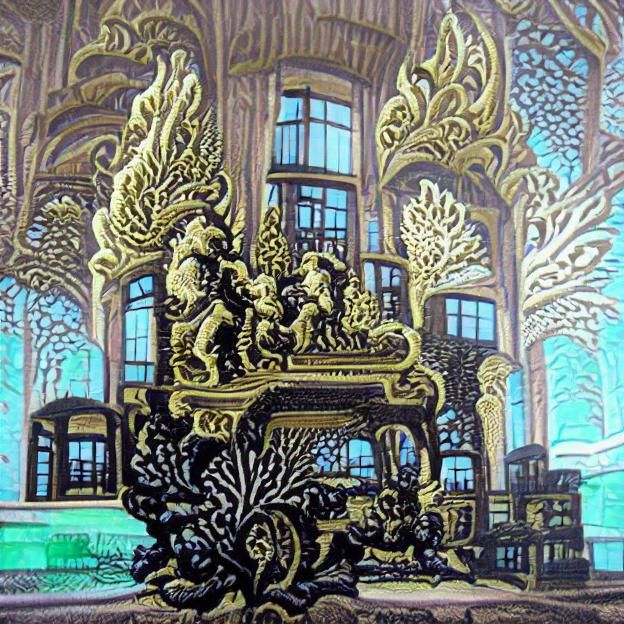 Ornate baroque shimmering fantasy hotel lobby (82) [woodcut]