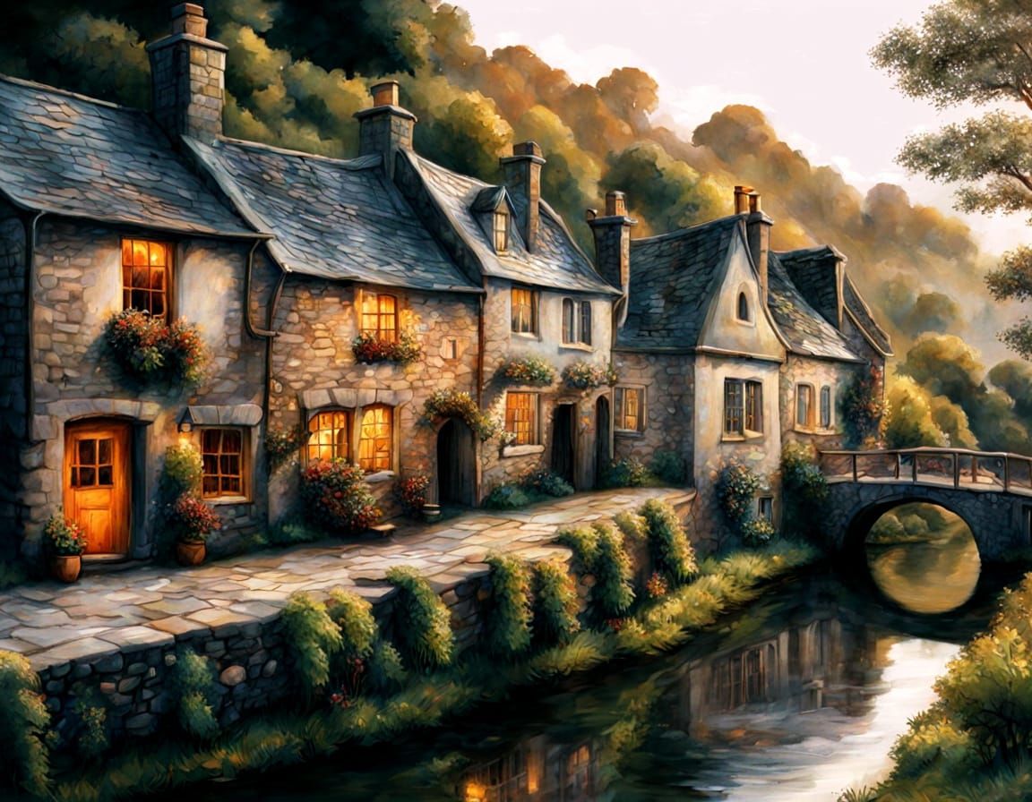 Enchanting village with cosy pubs and tea shops in the middle ages,  double exposure, fairy-tale,  