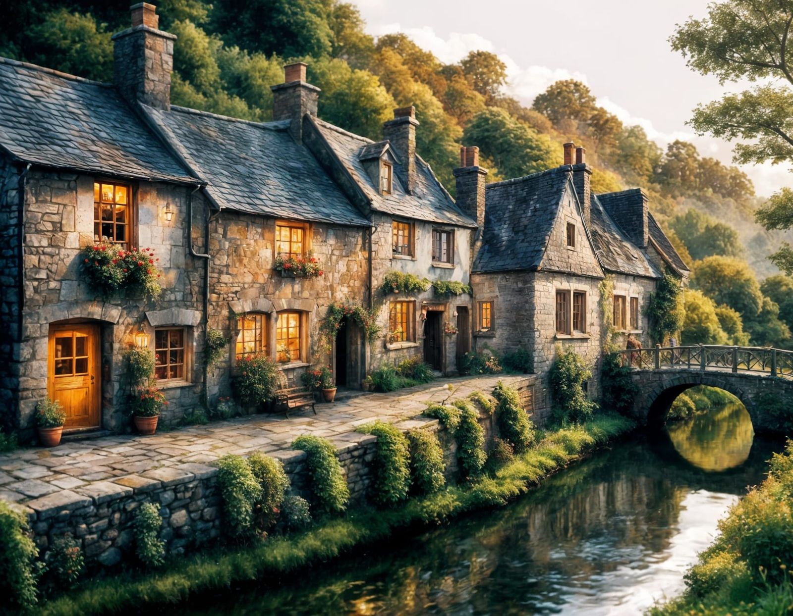 Enchanting village with cosy pubs and tea shops in the middle ages,  double exposure, fairy-tale,    by @Pinto