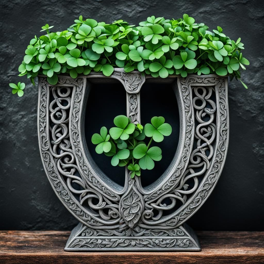 Beautiful 4-Leaf Clovers In Intric te Horseshoe Planter  by @Inner Peace