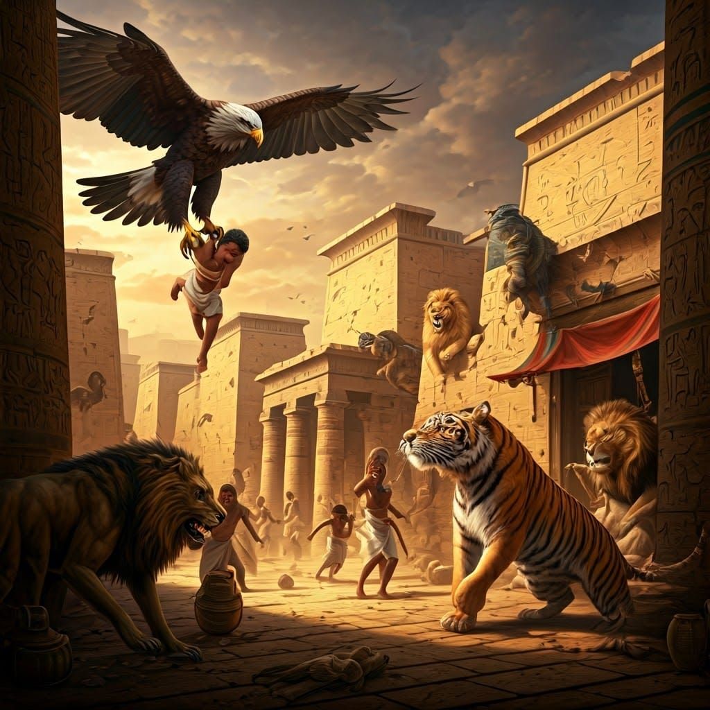 Ancient Egyptian Metropolis Under Siege by Fierce Beasts