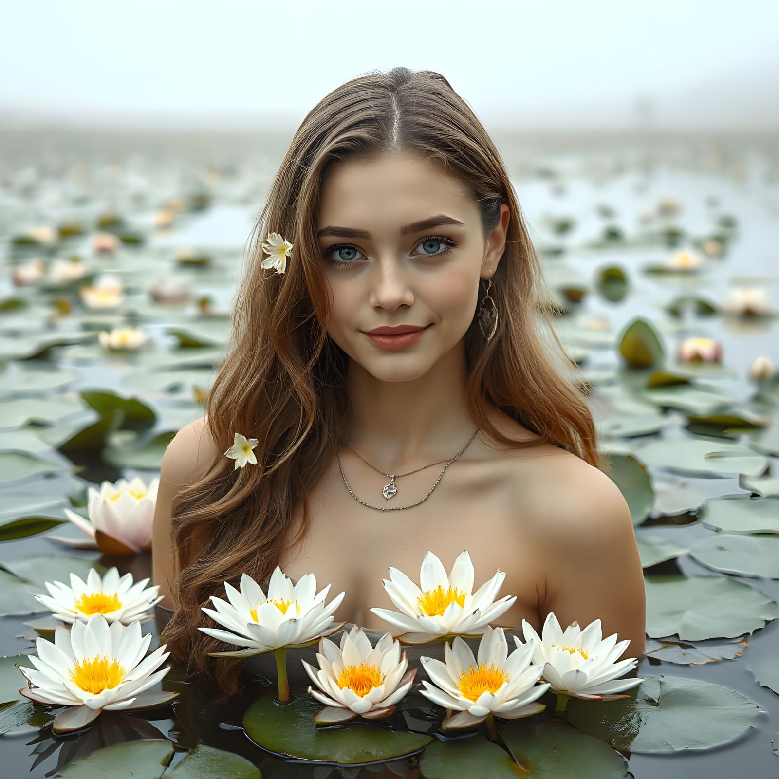 Ethereal Water Lily Princess in a Serene Natural Oasis