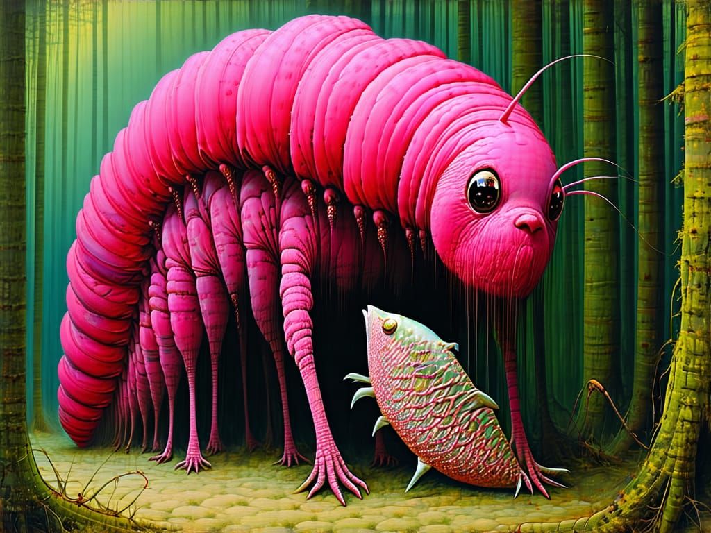 Pink caterpillar eating a fish