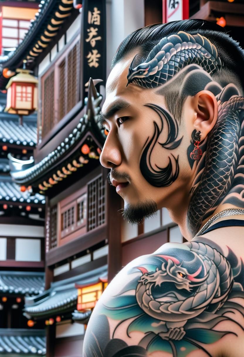 Dragon Tattoo Portrait in Japanese Street, Hyperrealistic Ar...