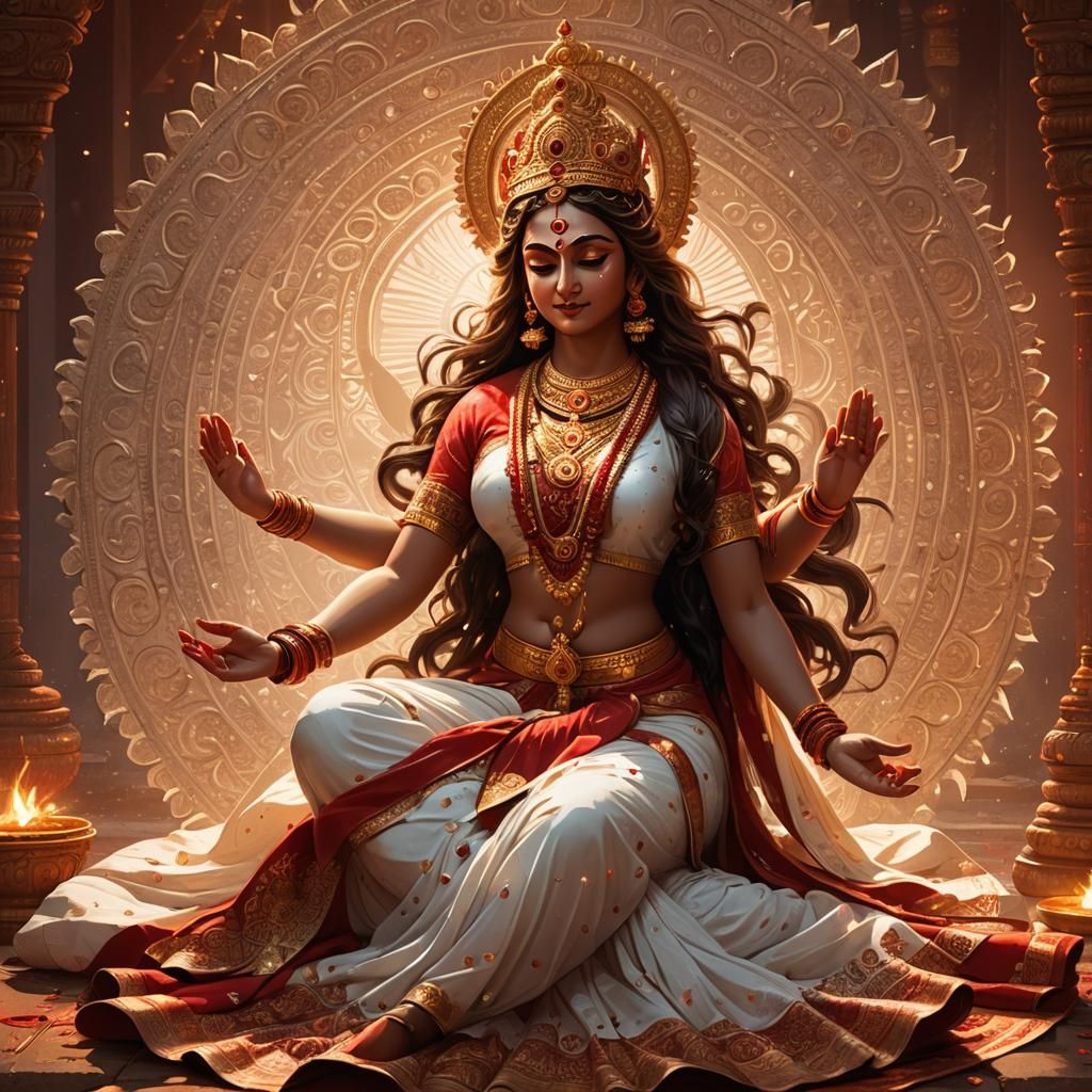 Godess durga maa in yog sadhana wearing white and red saree sitting on floor , and smiling, her face is glowing.