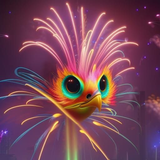 cute baby phoenix bird fireworks, 8k3d surrounded by glowing...