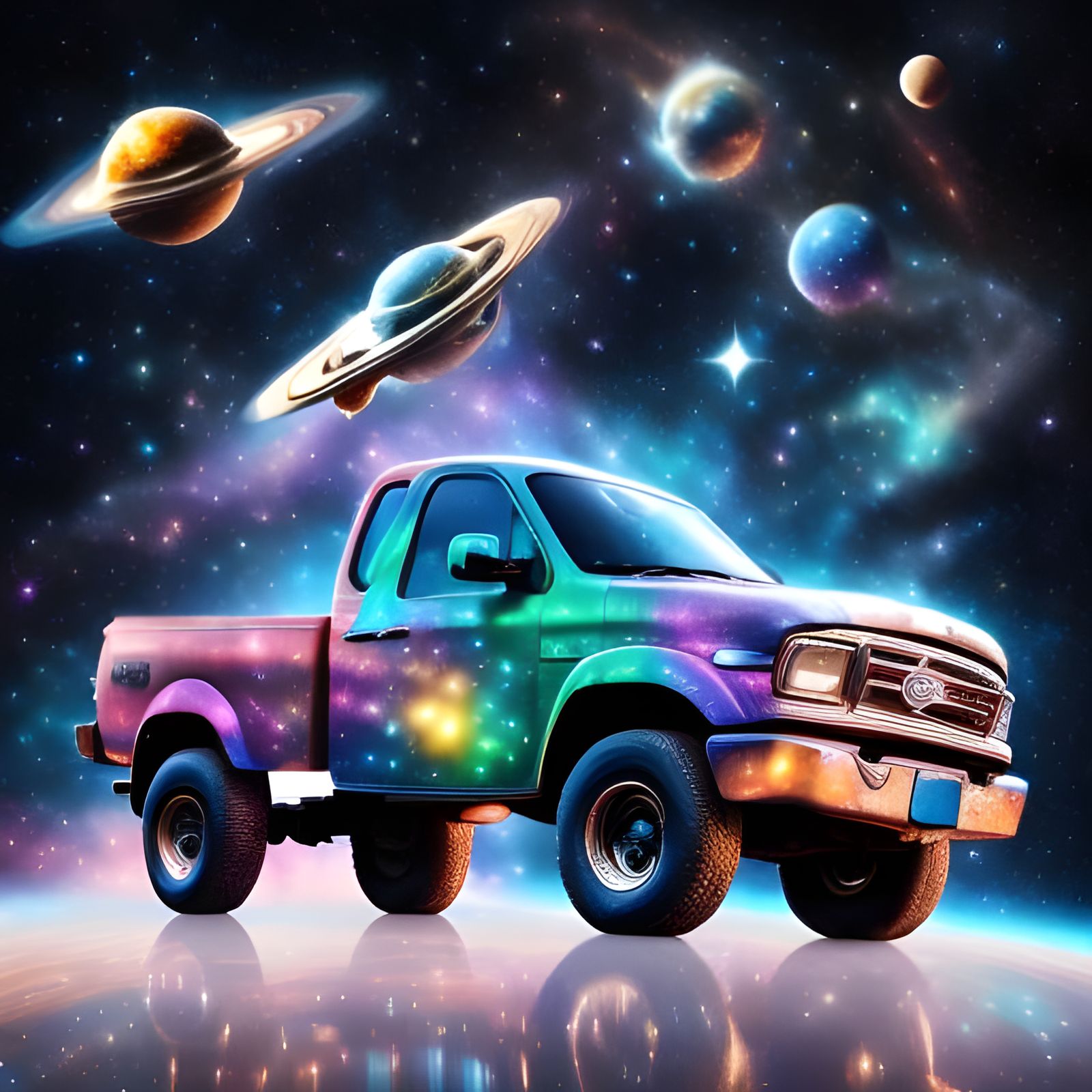  <lora:Constellation DS8:1.0> shoe, truck, outer space, glittering, double exposure, holographic art