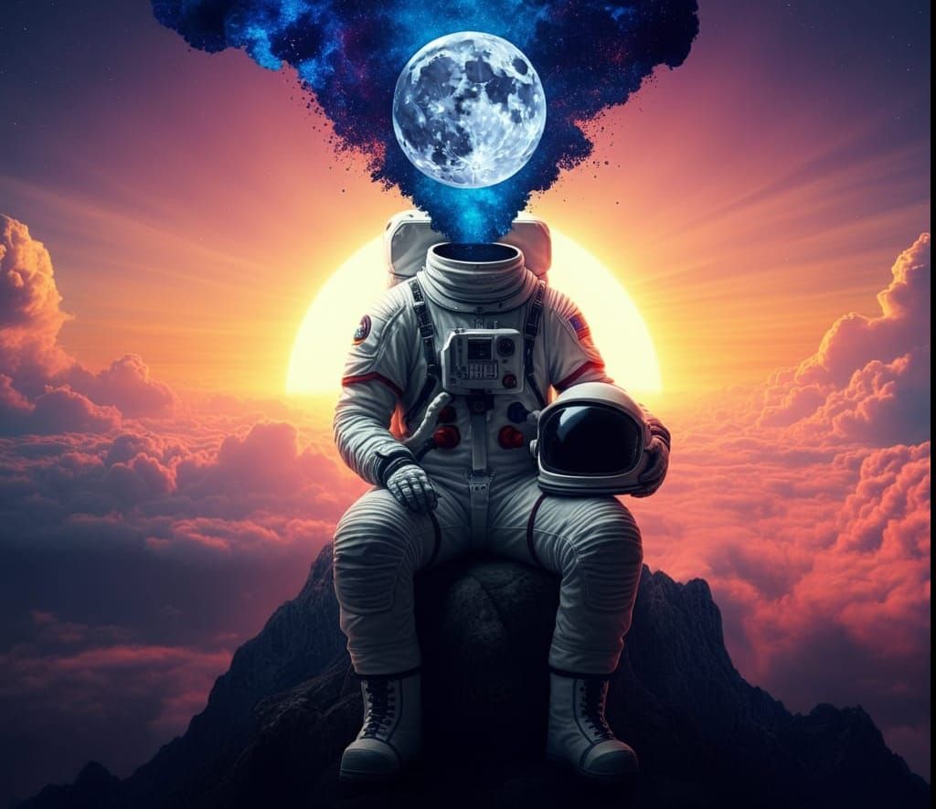 Headless astronaut spilling outer space from body