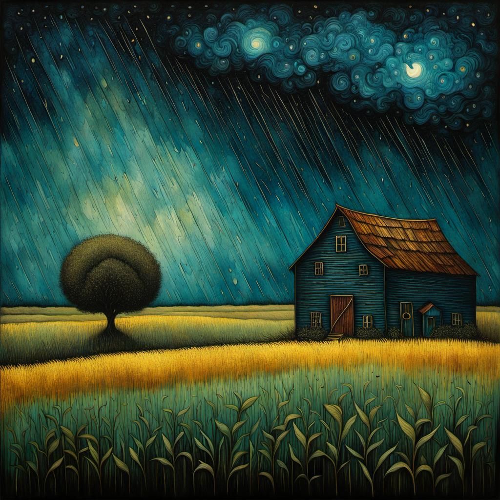 Heavy rain over a little farm  by @Gokiburi