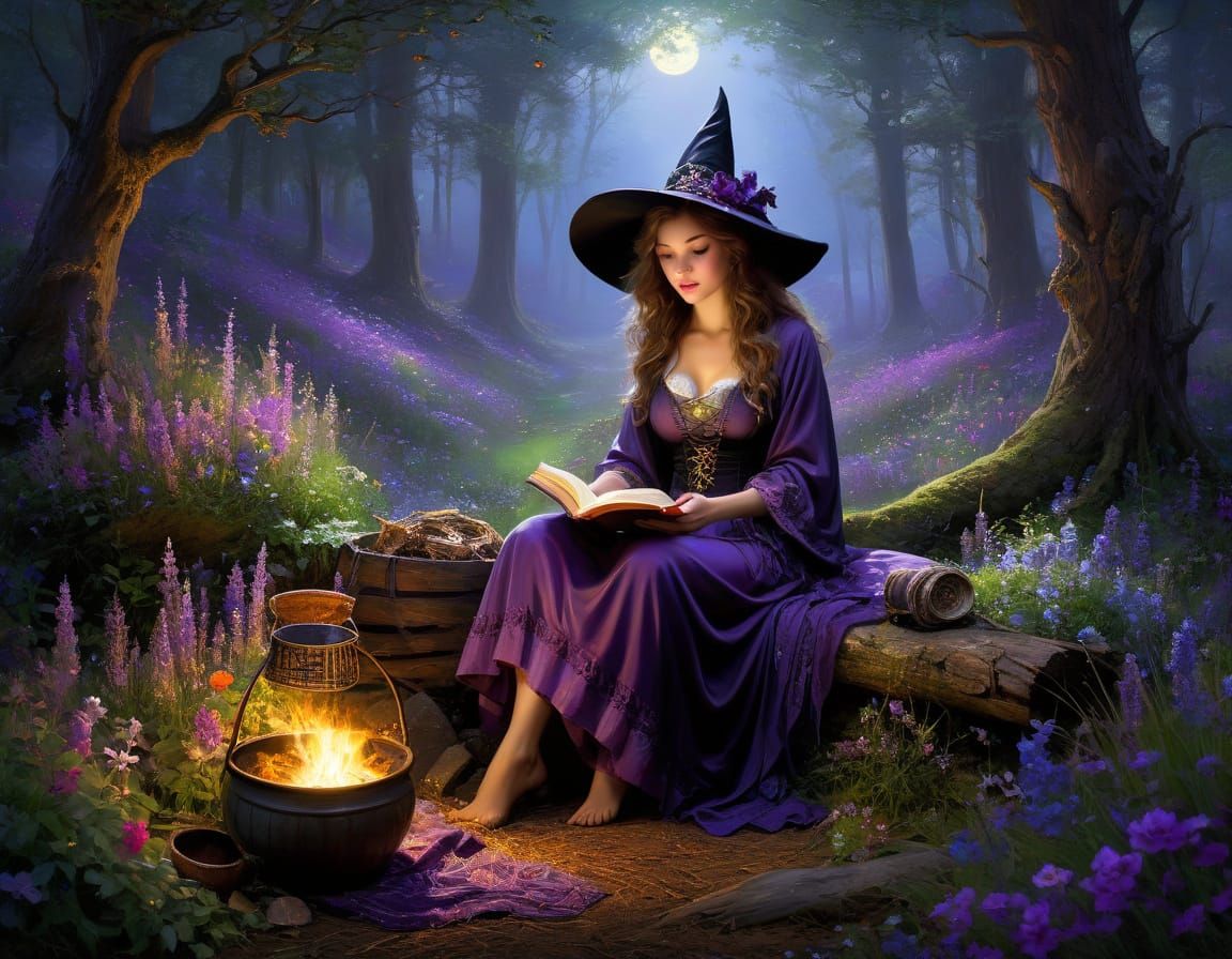 a beautiful witch sitting in a dense forest full of wildflowers, reading a magic book, beside a basket full of herbs and a cauldron bubbling...