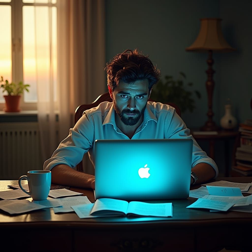 A male frustrated job seeker sitting down with a laptop in f...