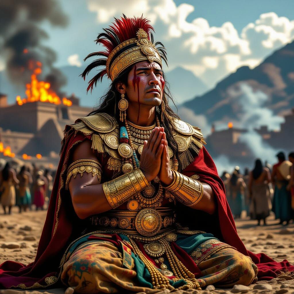 **Hyperrealistic 8k photographic art.** A **magnificent, defeated Inca King** (Sapa Inca) in rich, traditional gold-adorned regalia, **kneel...