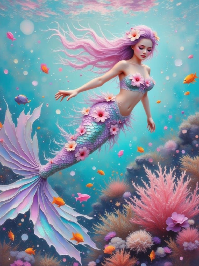 Whimsical Mermaid in Dreamlike Coral Reef