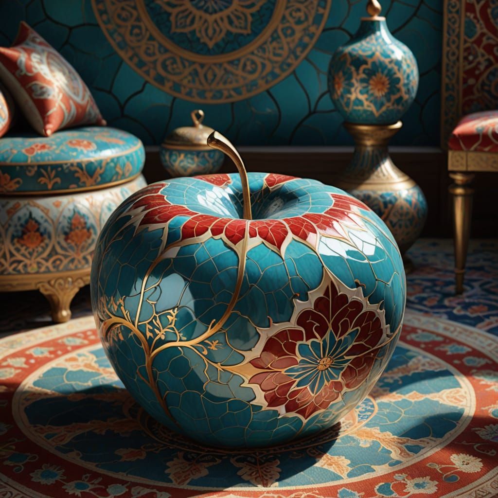Hyperrealistic Ottoman-Inspired Porcelain Apple with Iznik T...
