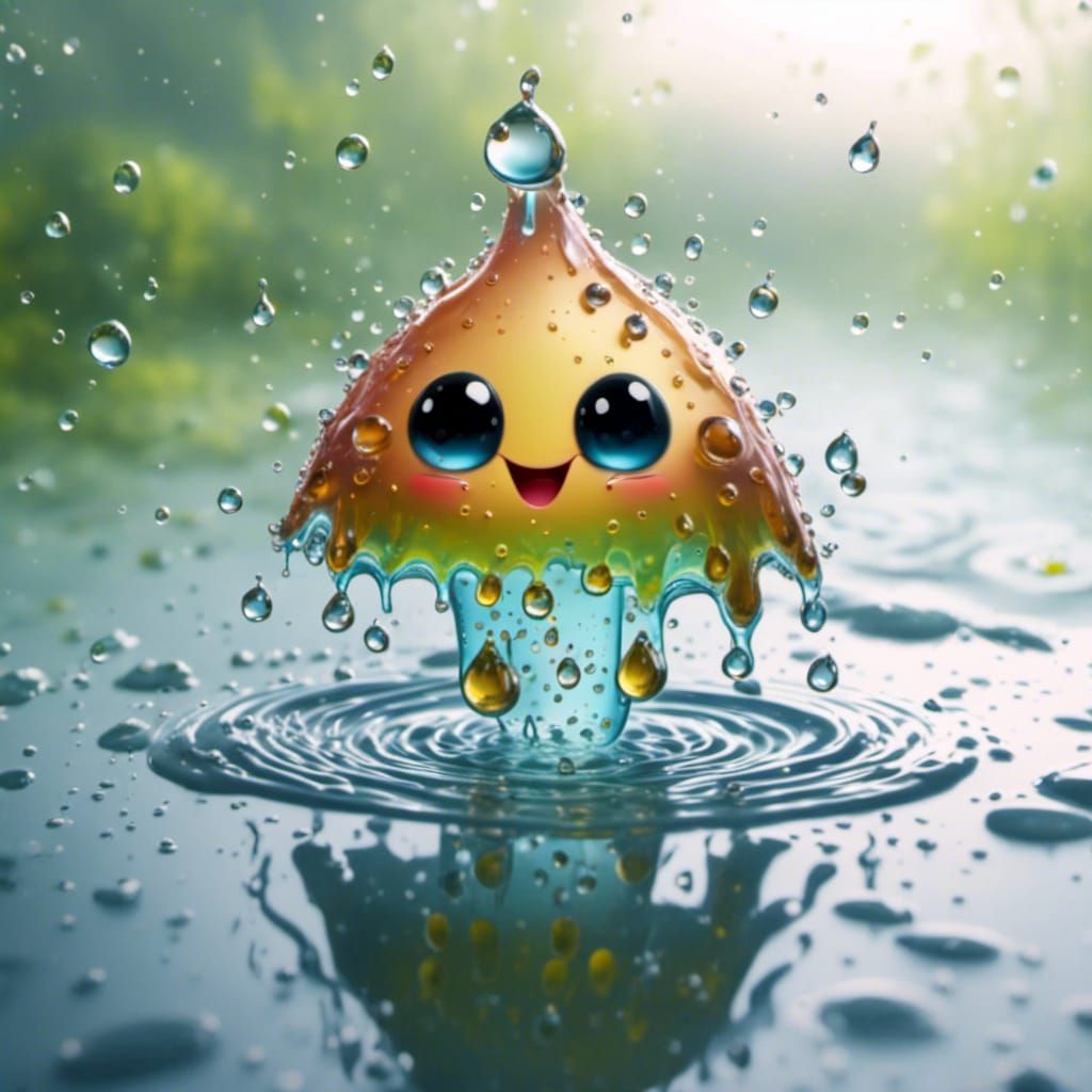<lora:waterdrops:1.0> Super cute friendly water drop splashing in a puddle 