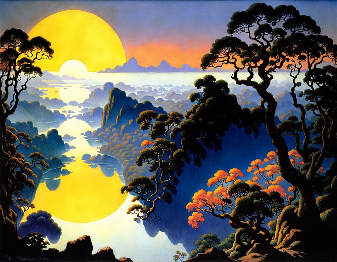 Jungle sunrise view Maxfield Parrish   by @Namehere