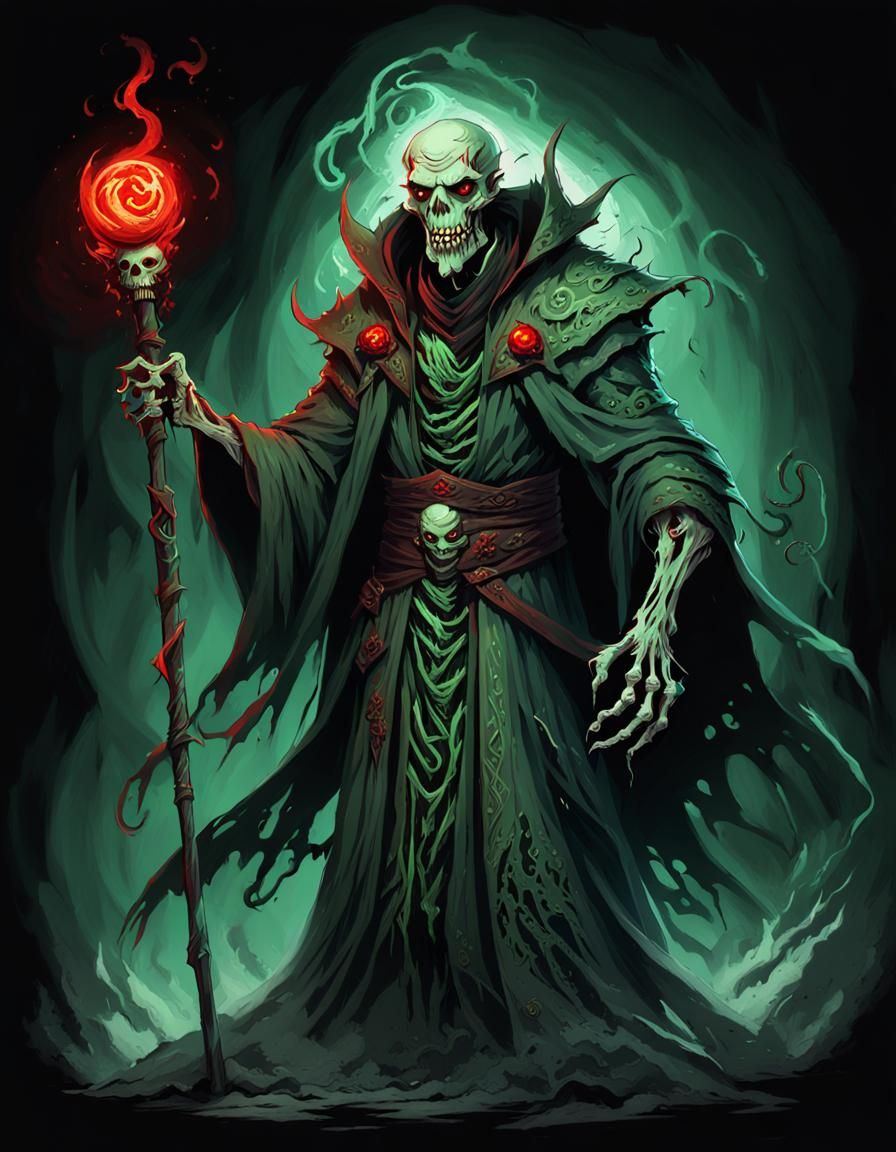 A smiling gaunt rotting undead lich wizard with a large coll...