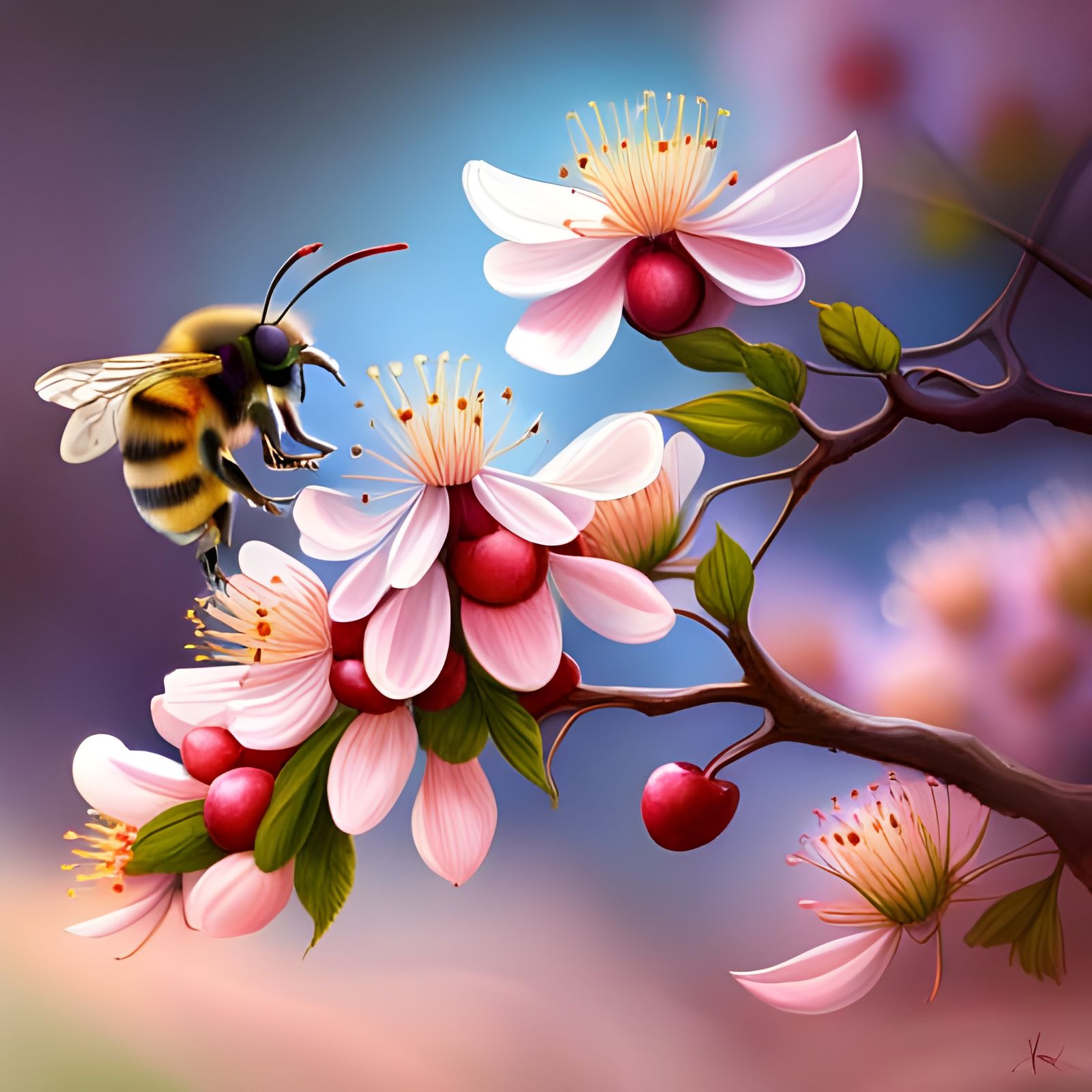 close-up bee on a cherry tree branch  by @Sharonjoy