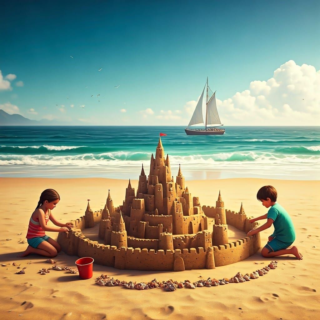 two kids making a sand castle, on the beach with the ocean in the background
