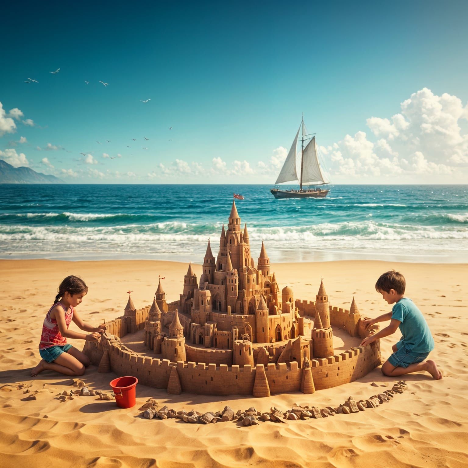 two kids making a sand castle, on the beach with the ocean in the background  by @Veronica Knightly