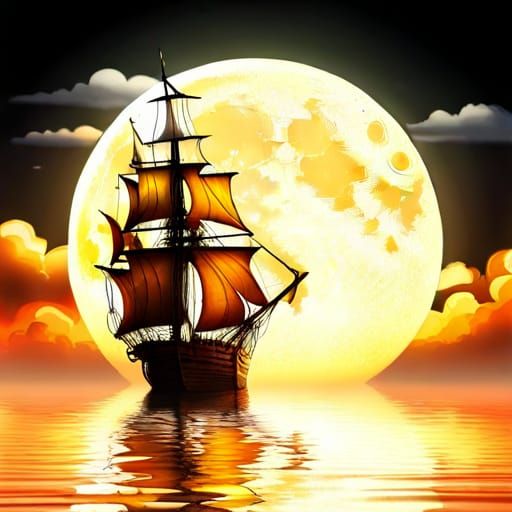 Galleon sailing in the moonlight