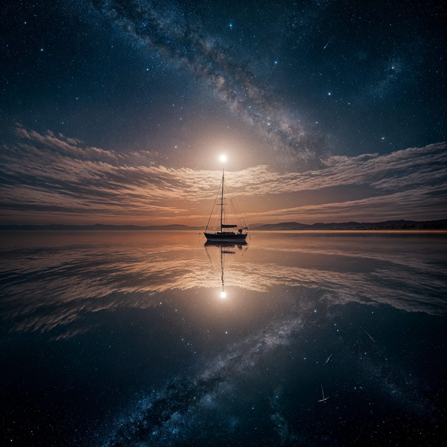 A serene moonlit night over a perfectly still, mirror-like sea. A lone sailboat glides quietly across ...  by @Likra
