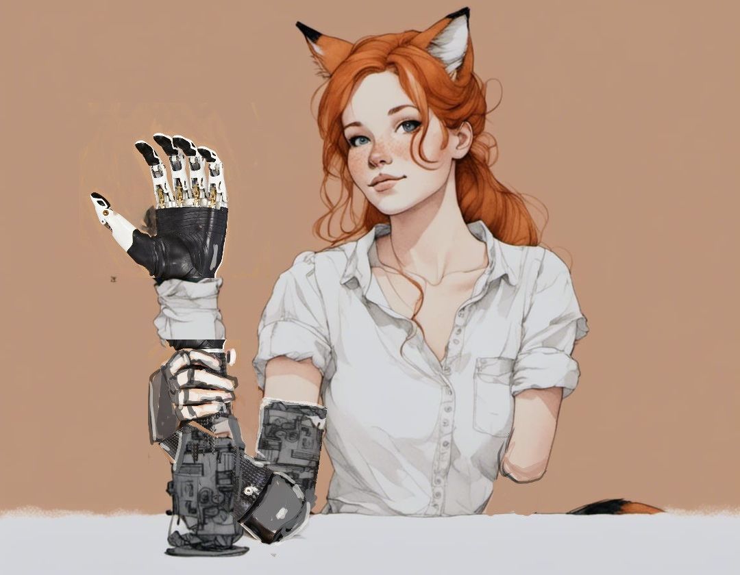 Cyber-me takes off her Maj-TECH prosthetics.