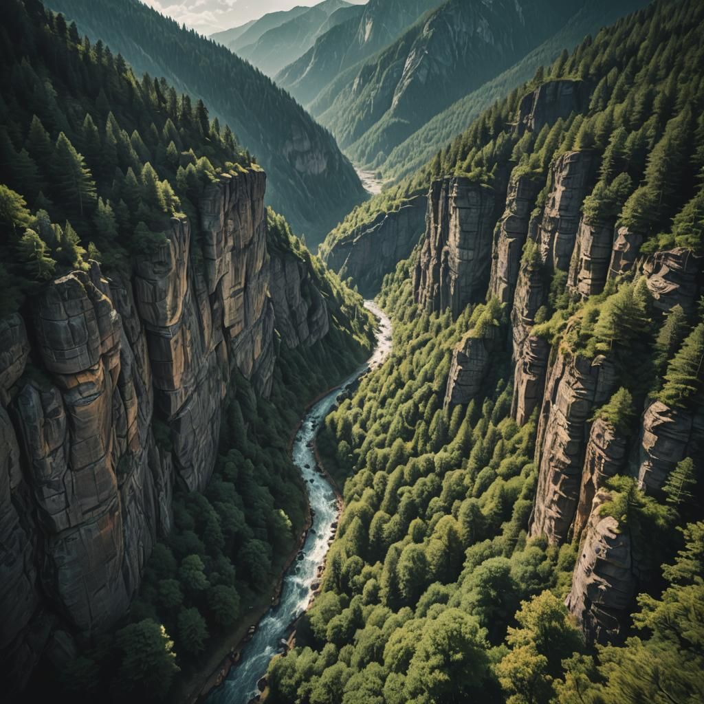 a forest mountain canyon city