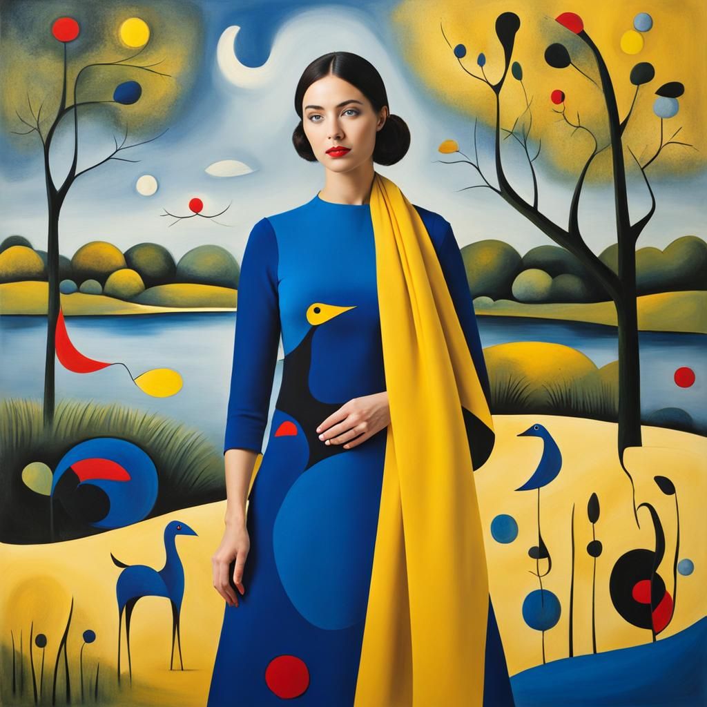 Beautiful young woman at the riverbank. Blue dress. Yellow s...