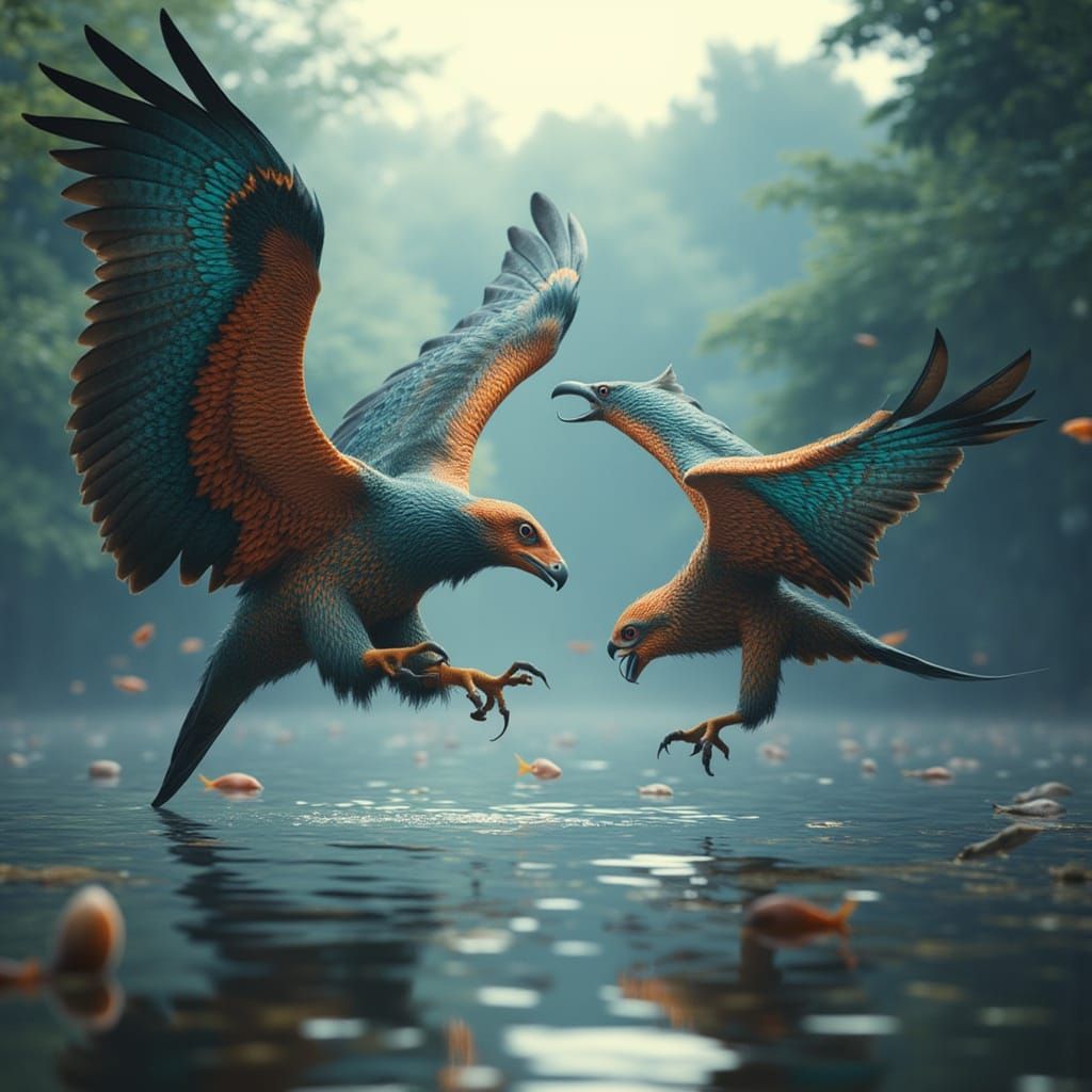 <lora:Epic Birds of Prey:1.0> Prehistoric Birds of prey hunting fish