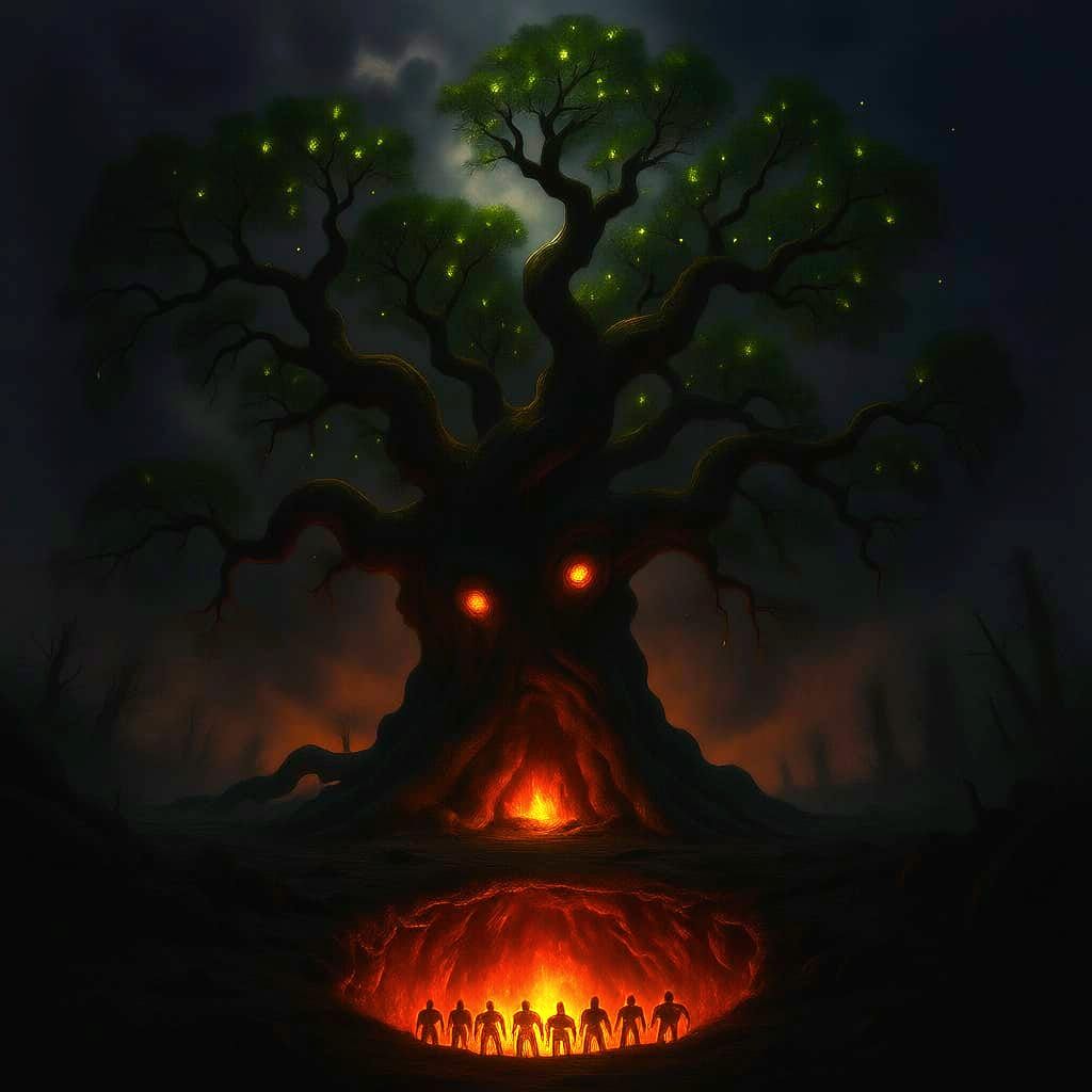 A colossal ancient tree, its bark gnarled and glowing with bioluminescent fungi, stands as the sole sentinel in a desolate, ash-choked waste... At the bottom of the tree a gaping hole is swallowing a line of battle weary droids, in various state of disrepair.  The Droids all seem to be happy.