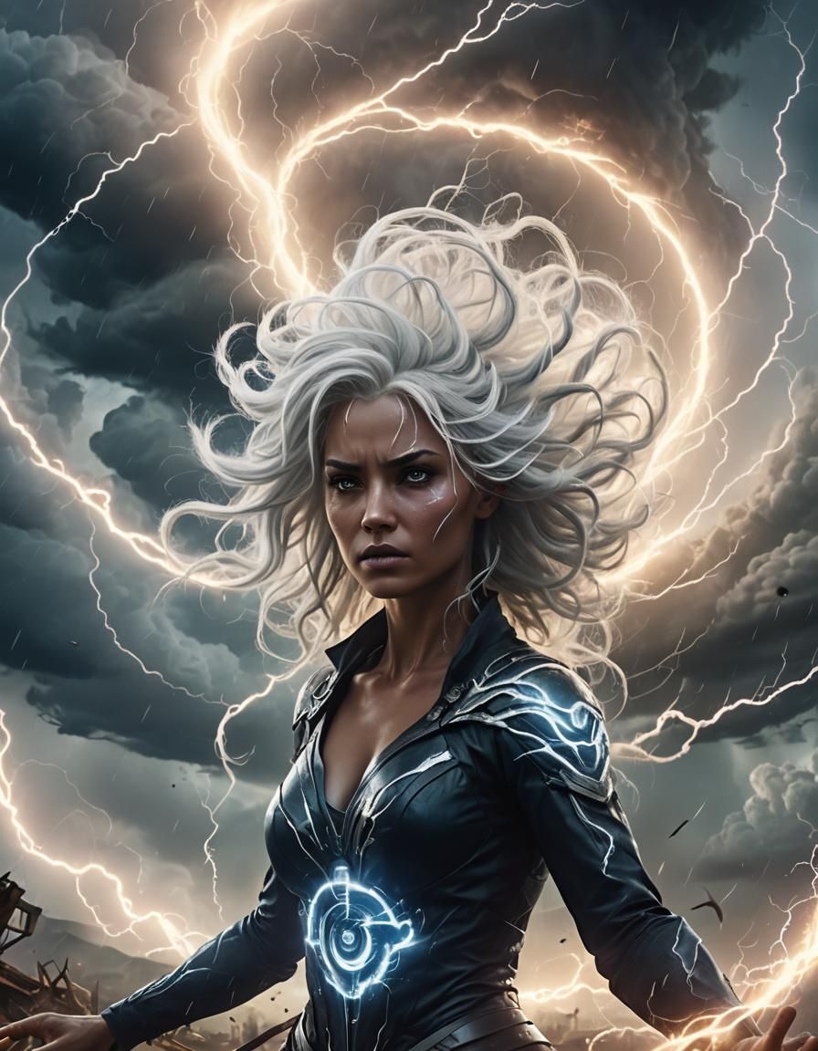 The enigmatic Storm, a powerful mutant with electrifying white hair, stands majestically at the eye of ...  by @Majik1960
