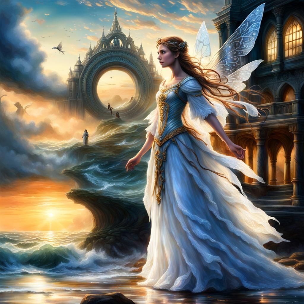 With a fierce determination in her eyes, a fairy stands at t...