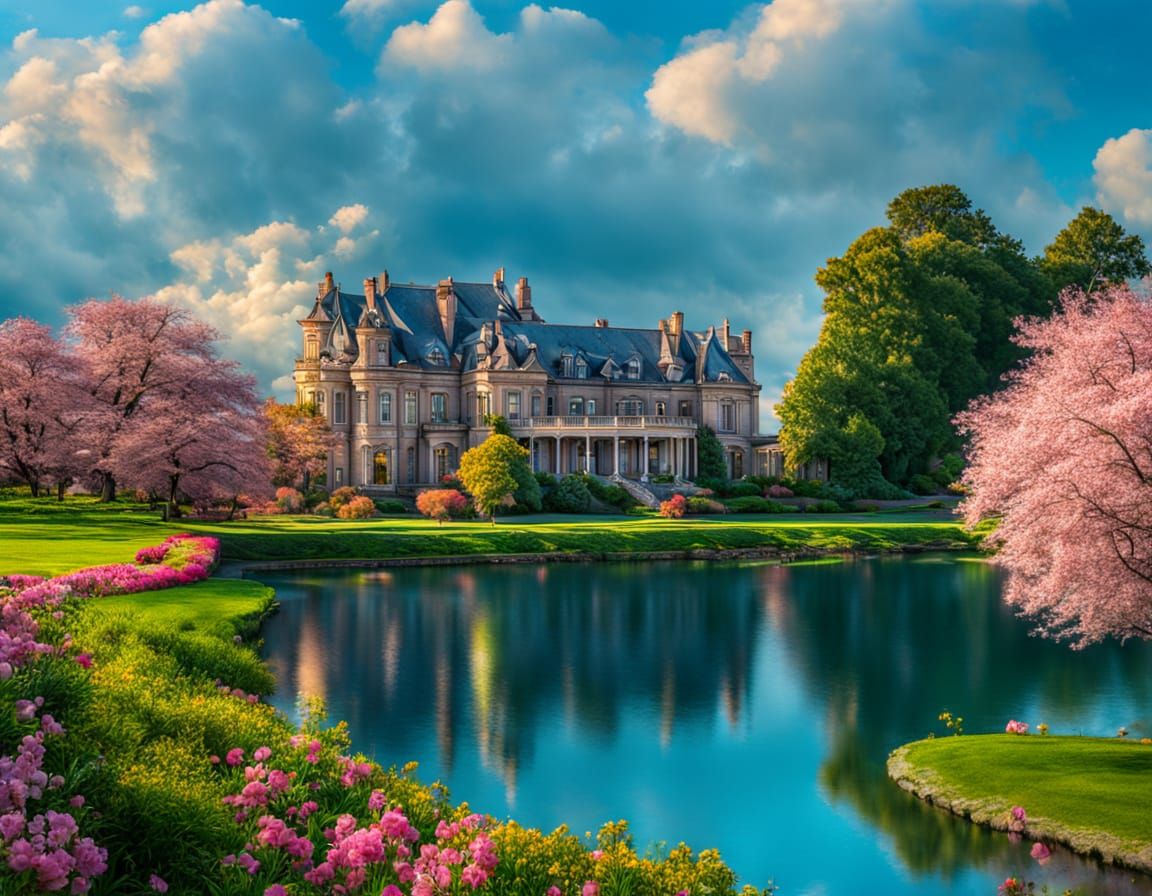 A mansion on a lake with flowers. Intricate details, HDR, beautifully shot, hyperrealistic, sharp focus, 64 megapixels, perfect composition,...