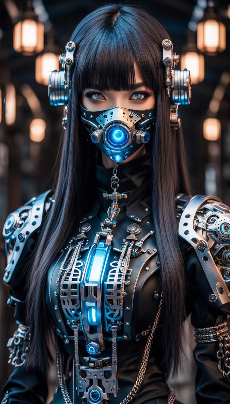 A mysterious and elegant beautiful young japan wearing a mec...
