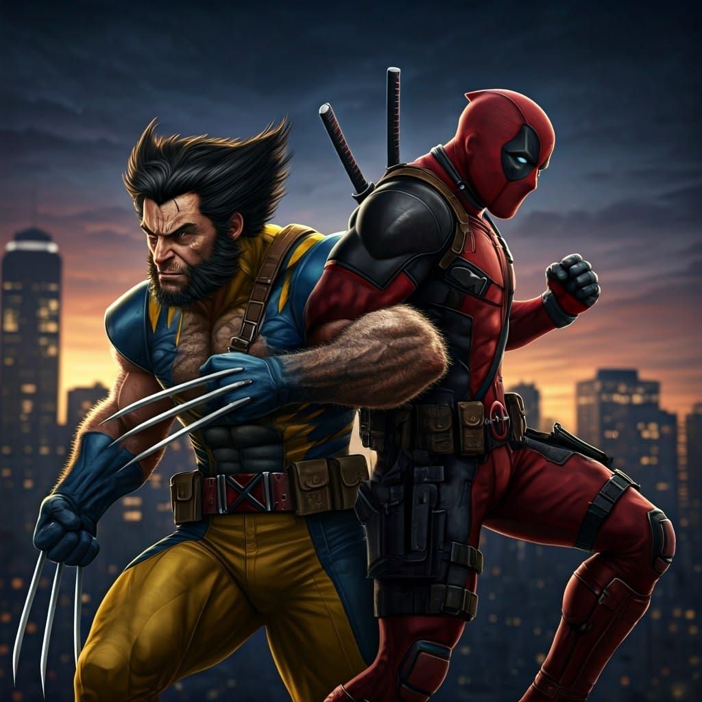  Wolverine and Deadpool in a ready to fight stance