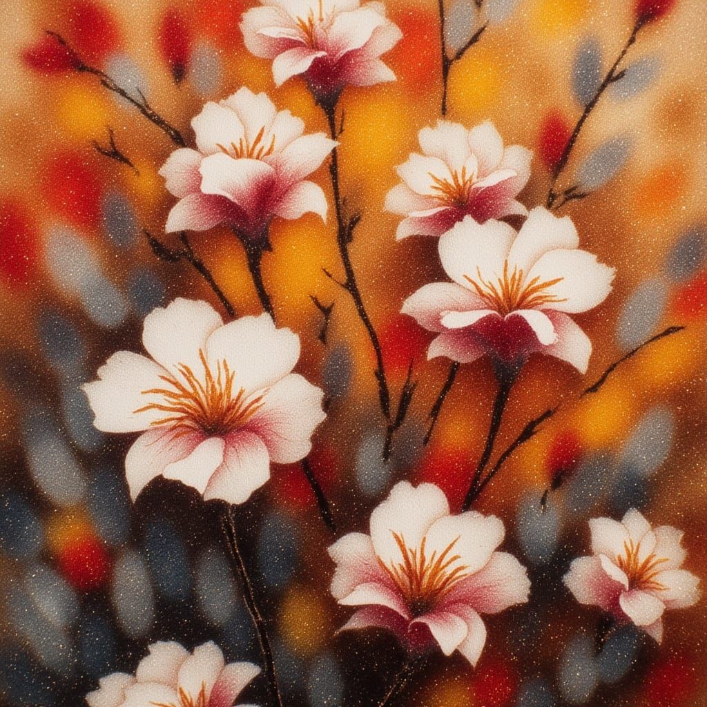 Roses, woodblock print on paper, carving technique, Abstract Expressionism, sun-kissed blossoms, dawn-lit flowers, palette of Mark Rothko, f...