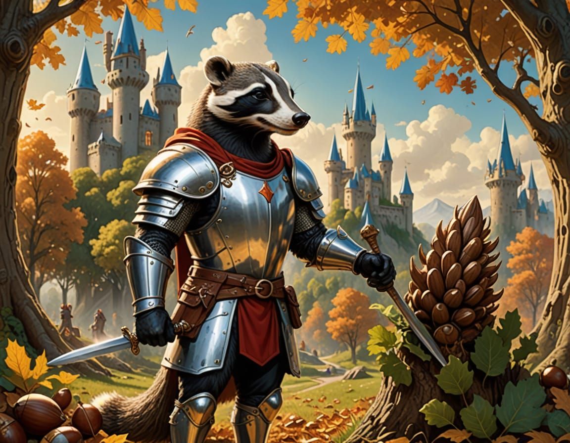 : A brave badger knight clad in shining armor, stands guard before a towering castle made of acorns and leaves. His trusty sword, forged fro...