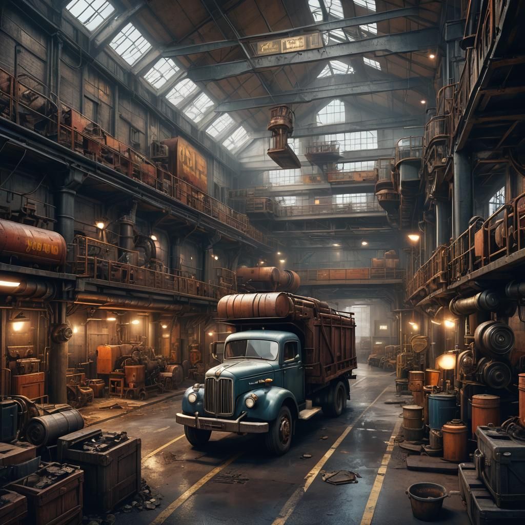 Truck factory inside,vintage scene