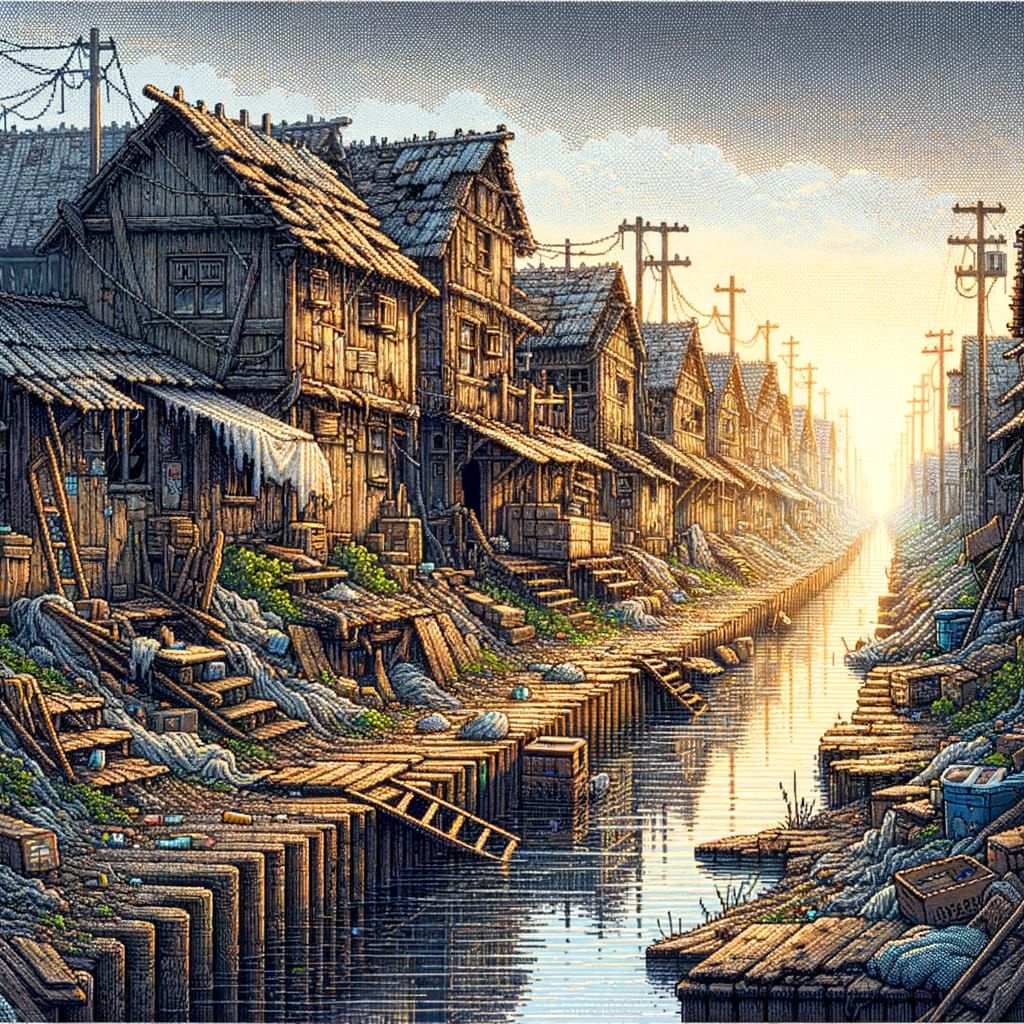 2D side-view of a poor medieval fantasy slum district in Octopath Traveler HD-2D style, pixel art with modern lighting. Scene viewed from ac...