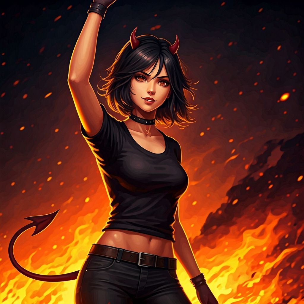 Anime Woman With Devil Hand and Fiery Background