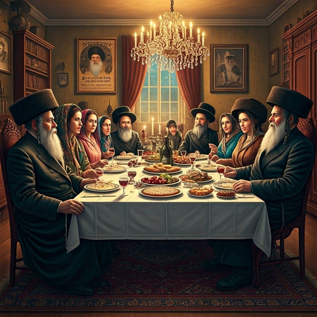 A Traditional Hasidic Family Seder in Warm, Vibrant Colors