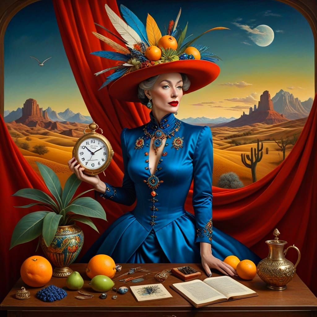 Surrealistic Portrait of a Happy Lady in Vibrant Haute Coutu...