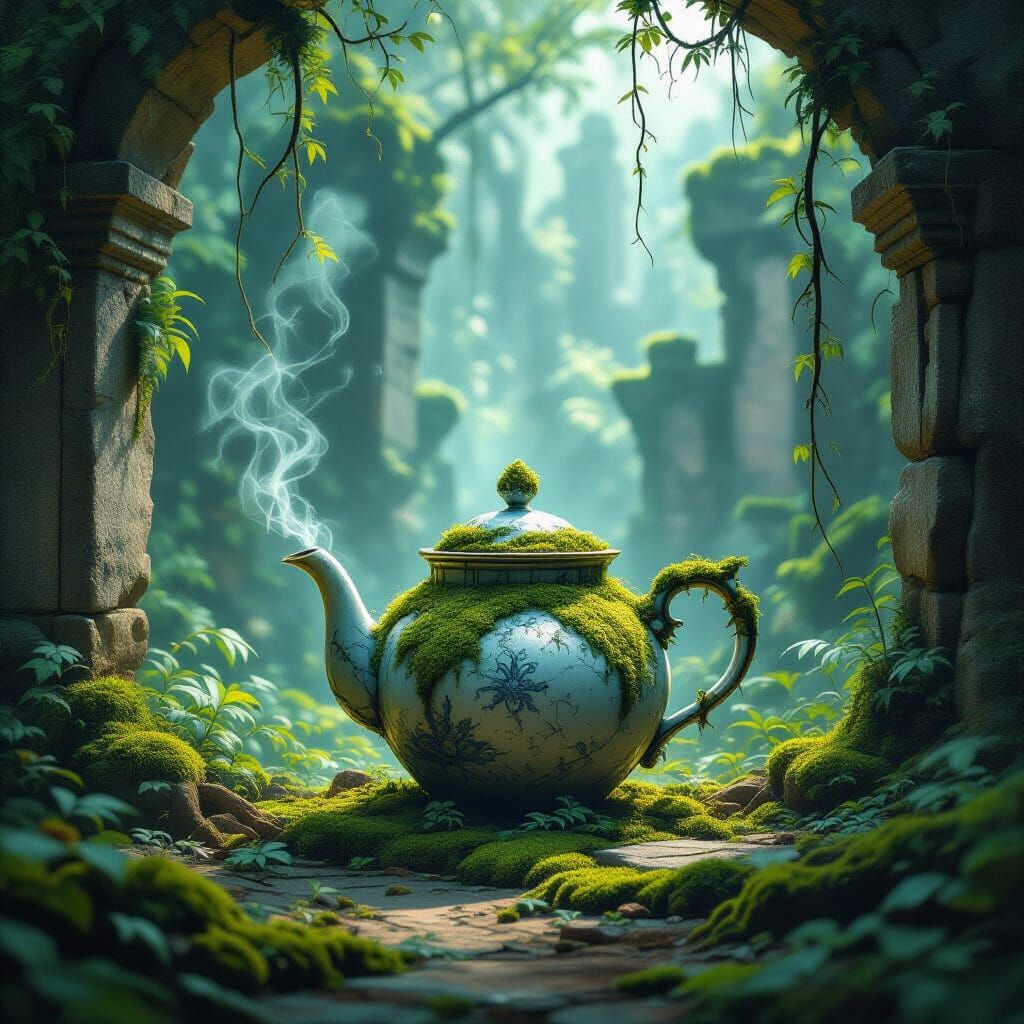 Lost Cities. USER_PREFERENCES. Surrealism. Medium shot. A whimsical, cracked porcelain teapot, overgrown with luminous moss, rests in the ce...